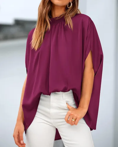 Vista 98 de BTFBM Blusas de verano para mujer, cuello alto falso, manga murciélago, holgadas, dobladillo alto y bajo, blusas informales de gran