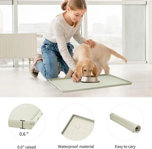 Vista 2 de Mantel individual de silicona para cuencos para comer para perros y gatos, impermeable, antideslizante. Tamaño: (18.5 x 11.5 pulgadas) borde elevado