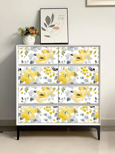 Vista 7 de Toduso Papel Tapiz Floral Despegar y Pegar Papel Tapiz Amarillo/Gris/Blanco Acuarela Papel de Contacto Autoadhesivo Removible Papel Tapiz Forros