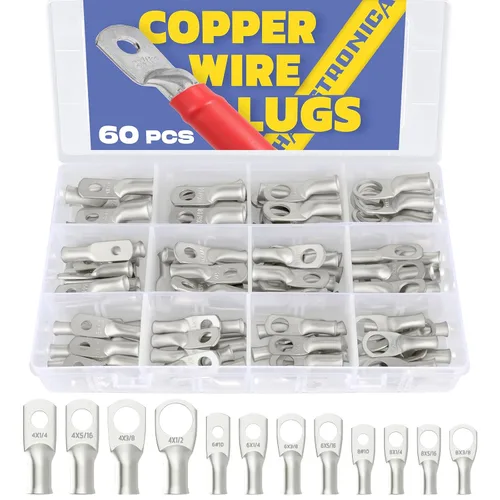 Vista 8 de Haisstronica Kit de 60 lengüetas de alambre de cobre (AWG 8 6 4), extremo de cable de batería resistente, conectores de crimpado de cobre desnudo