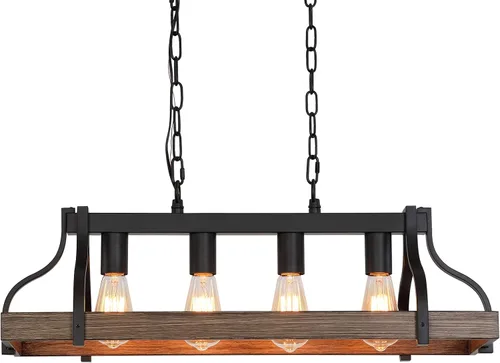 Vista 9 de MEIXISUE Lámpara rústica para isla de cocina, comedor, candelabro lineal estilo granja, acabado negro y madera retro, 4 luces, lámpara colgante