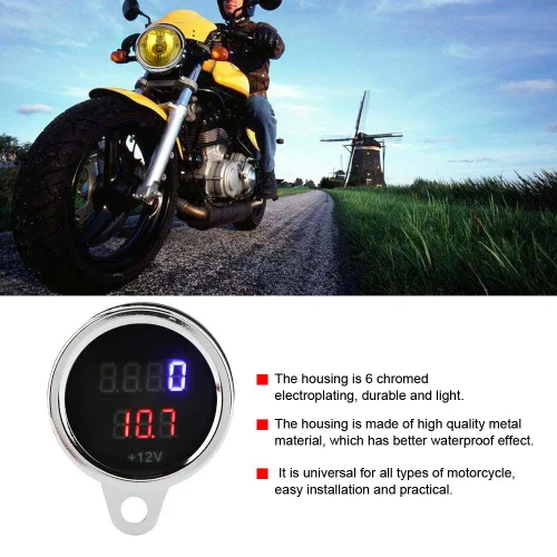 Vista 4 de Tacómetro electrónico, 2 en 1 motocicleta LED digital voltímetro tacómetro medidor de metal odómetro velocímetro