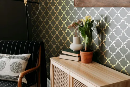 Vista 6 de PINKIPO® Marrakech Trellis - 2 plantillas XL para pared y piso para pintar, patrón marroquí de Mylar reutilizable Ogee y plantilla de borde incluida