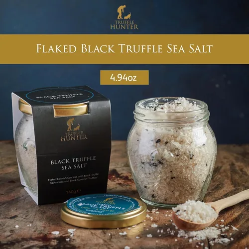 Vista 2 de TruffleHunter, Condimento de sal marina de Cornualles de trufa negra en escamas - 4.94 oz Condimento gourmet, vegano, vegetariano, copos de sal