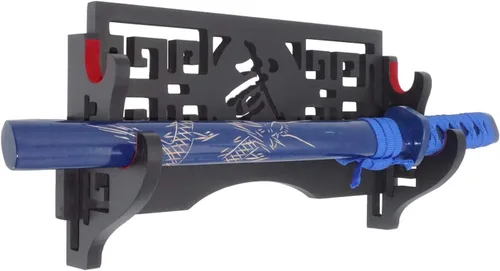 Vista 3 de Soporte de pared para espada de 2 niveles, soporte de exhibición Samurai con patrón hueco para Katana, Wakizashi y espadas estándar