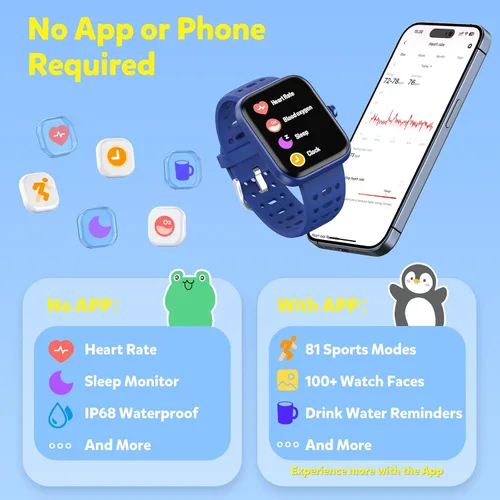 Vista 2 de Gydom Smart Watch for Kids, Without/with APP Mode, 1.83" Touchscreen Fitness Tracker Watch, Heart Rate/Sleep Monitor, IP68 Waterproof Pedometer