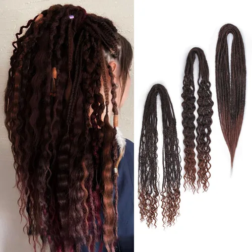 Vista 19 de Extensiones de rastas trenzadas bohemias de 24 pulgadas, 10 hebras de rastas sintéticas rizadas color marrón degradado con trenza de caja, rastas
