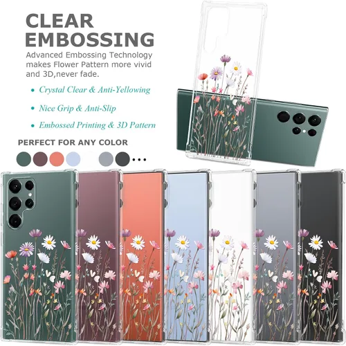 Vista 2 de Funda transparente floral para Galaxy S22 Ultra para mujeres/niñas, bonita funda de teléfono para Samsung Galaxy S22 Ultra 5G, diseño de flores