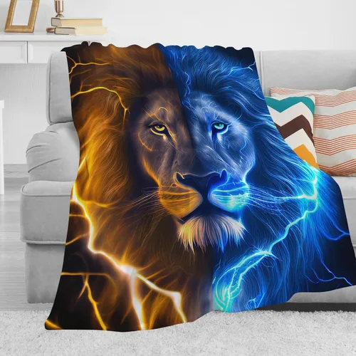 Vista 2 de SARA NELL Manta de león de rayo de fuego y hielo, manta genial para hombres, mujeres, adolescentes y niños, regalo único con estampado de animales