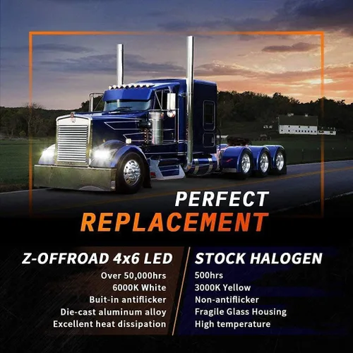 Vista 6 de Z-OFFROAD 2 unids 60W 4x6 LED Faros DOT Aprobado H4656 H4651 H4652 H4666 H6545 Faro rectangular de haz sellado para Freightliner KW Peterbilt
