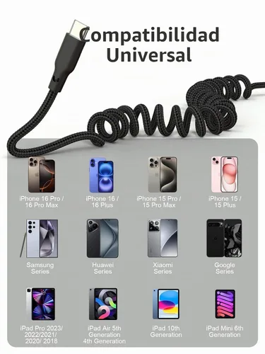 Vista 5 de Quickeep Cable Carplay para automóvil de 3 pies en espiral USB A a USB C, cable de carga rápida para iPhone 16/15/Plus/Pro Max/MacBook Pro, cable