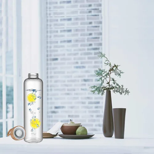 Vista 3 de Sursip Botella de agua de vidrio de 32 onzas, fundas de protección de botella de nailon, tapa de bambú y medidas marcadas de tiempo de 1 litro