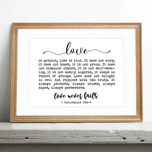 Vista 5 de OFlyDesigns Letrero de amor nunca falla, 1 Corinthians 13 citas, impresión artística de 8 x 10 pulgadas, sin marco, arte de pared para dormitorio