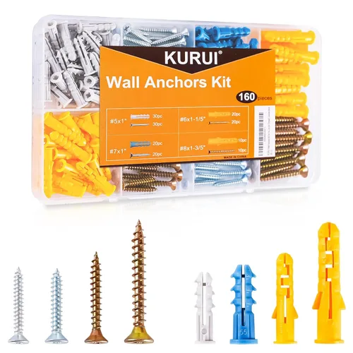 Vista 9 de KURUI Kit de anclajes para paneles de yeso con tornillos, 160 anclajes de pared de plástico y tornillos de cabeza Phillips galvanizados, 4 tamaños
