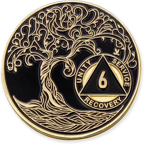 Vista 238 de 1 año Sobriety Mint Twisted Tree of Life Medallón de recuperación AA chapado en oro, chip/ficha - negro