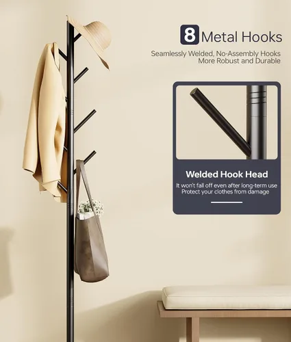 Vista 5 de Perchero con 8 ganchos, 3 alturas ajustables, moderno árbol de pasillo, soporte de metal resistente con base de piedra sinterizada para entrada