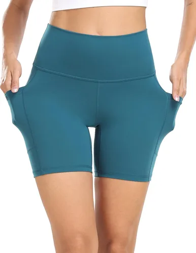 Vista 4 de Colorfulkoala - Pantalones cortos biker para yoga y entrenamiento, de talle alto y con bolsillos, con entrepierna de 6pulgadas, para mujer