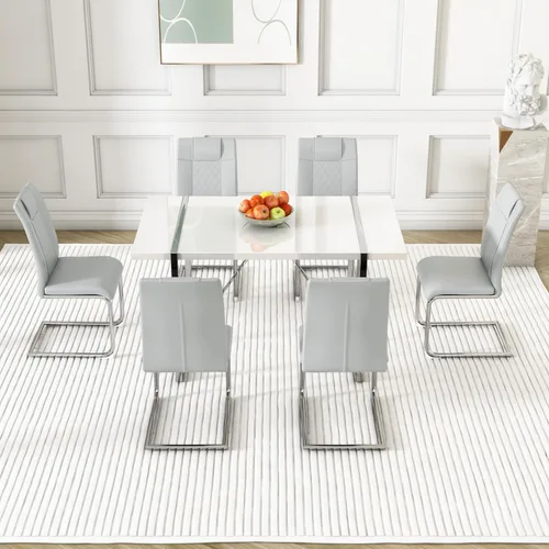 Vista 4 de Juego de mesa de comedor moderna de 55 pulgadas para 4, mesa rectangular de madera tapizada de piel sintética, juego de mesa de cocina fácil