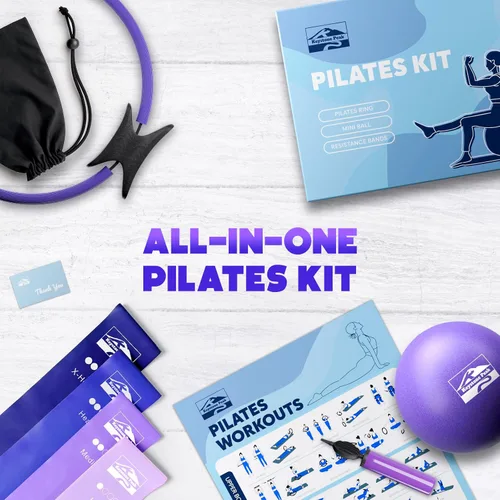 Vista 7 de Juego de anillos de pilates y bolas, kit de pilates para el hogar con anillo de ejercicio de 14 pulgadas, 4 bandas de resistencia