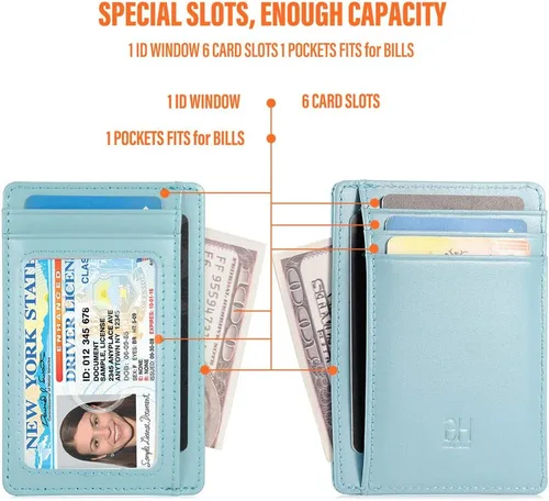 Vista 5 de Slim RFID - Soporte para tarjetas con sistema de bloqueo, billetera de cuero de bolsillo frontal minimalista para mujer