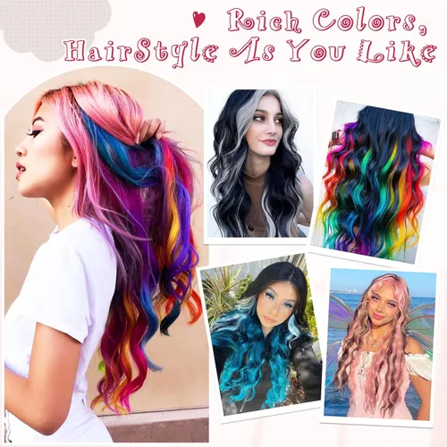 Vista 6 de Extensiones de cabello de colores, 12 piezas de 20 pulgadas, extensiones de cabello con clip de color azul T, arco iris, para fiesta, largo