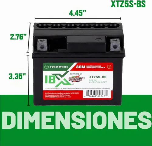 Vista 3 de Baterías interestatales IBX YTZ5S-BS Powersports batería 12V 3.5Ah 50CCA AGM (XTZ5S-BS)