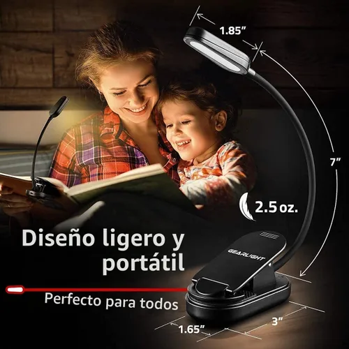 Vista 4 de GearLight Luz de libro recargable para leer en la cama – Lámpara LED con clip manos libres con 3 modos de luz, brillo ajustable, luz de lectura Negro