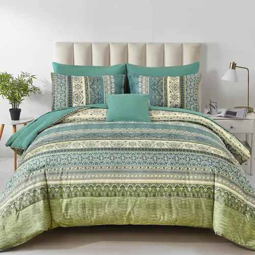 Vista 31 de Cottolester - Juego de edredón bohemio de tamaño matrimonial, 8 piezas, ropa de cama de microfibra suave en una bolsa, rayada y de color aguamarina