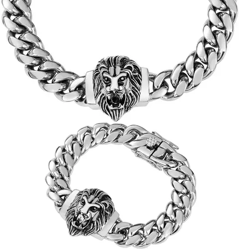 Vista 12 de Cadena de eslabones cubanos para hombre, gargantilla de león, collar de plata Hip Hop de 18 pulgadas, 20 pulgadas y pulsera de 8.5 pulgadas, juego