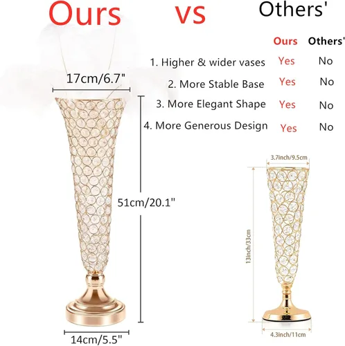 Vista 4 de Floreros de cristal dorado LoveCat: jarrones de metal de 20 pulgadas de alto para mesas Elegant Metal Floral Stands, Crystal Gold Vases for