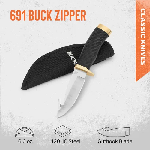 Vista 2 de Buck Knives 691 Buck Zipper Cuchillo de Caza, Hoja Fija de 4-1/4 pulgadas, Mango de Goma, Hoja de Acero Inoxidable 420HC con Punta de Gota y Gancho