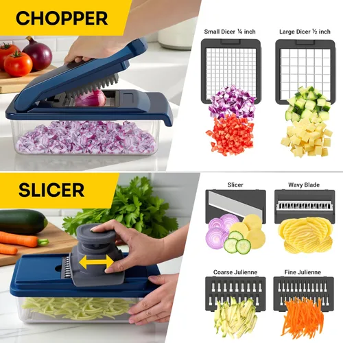 Vista 5 de UltraChop Todo en 1, Picadora de Verduras Resistente de 12 Cuchillas, Contenedor Picador de Alimentos, Espiralizador, Rebanadora Mandolina Picadora