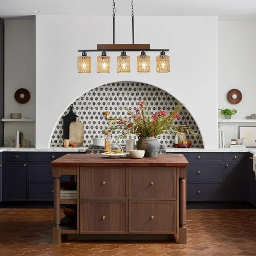 Vista 9 de Candelabros de ratán para comedor, iluminación de isla de cocina bohemia, lámpara lineal de 5 luces, lámpara colgante rectangular, candelabros