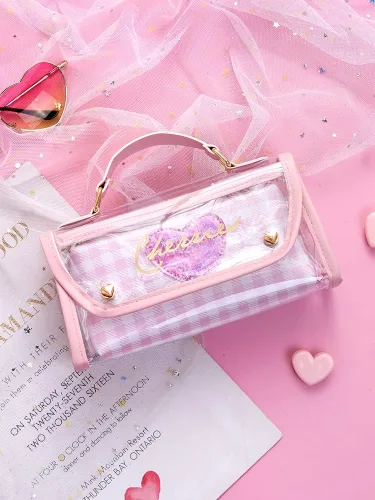 Vista 5 de Estuche para lápices con diseño de corazón transparente con diseño de cerezas, material estético kawaii, papelería (cereza rosa)