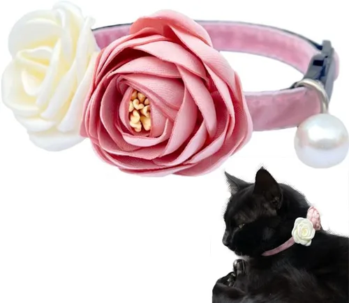 Vista 6 de Fupo Collar de gato - Breakaway ajustable con campana y flor (rosa)
