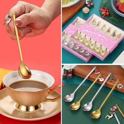 Vista 8 de AKOAK 6 unids/set de cuchara de acero inoxidable de Navidad Set creativo café chapado en oro, cuchara de postre cuchara mezcladora de cocina casera