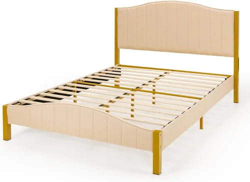 Vista 8 de Giantex Base de cama tapizada de tamaño matrimonial, base de cama moderna con cabecera acolchada, base de colchón con soporte de listones de madera