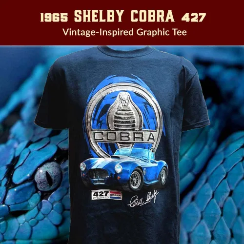 Vista 2 de Camiseta gráfica retro para hombre, Shelby Cobra 427 1965 Regalos Shelby para amantes de los autos vintage, fanáticos de las carreras