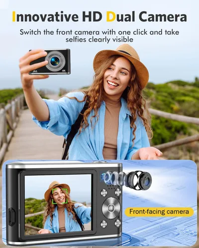Vista 2 de Cámara digital FHD 4K para vlogging con enfoque automático, lente dual de 48MP, zoom digital 16X, pantalla IPS de 2.8" compacta, cámara de video