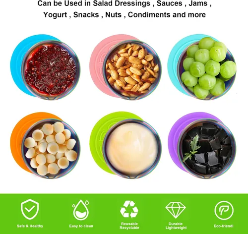 Vista 4 de Recipiente para aderezo de ensalada, 6 x 1.6 onzas reutilizables pequeños con tapas, recipientes de salsa arcoíris para lonchera, taza