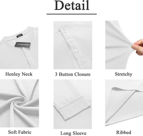 Vista 6 de COOFANDY Camisas Henley de manga larga para hombre, camisetas elásticas acanaladas, camisetas básicas casuales de moda