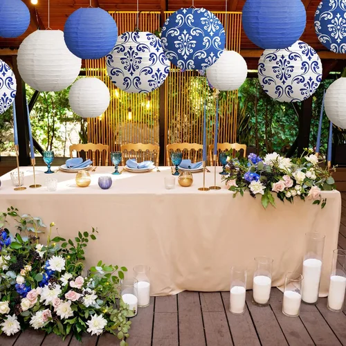 Vista 2 de Bencailor 12 faroles de papel chinoiserie de 12 pulgadas, 10 pulgadas, 8 pulgadas, estampado de porcelana azul y blanca, decoración para colgar