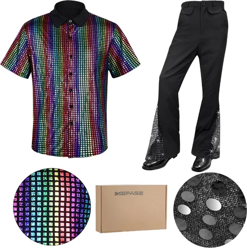Vista 2 de 6 piezas de disfraz de discoteca de los años 70 retro de los años 80, pantalones acampanados, camisas de manga corta, pelucas, collar, bigote