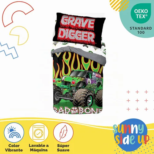 Vista 4 de Sunny Side Up Monster Jam - Juego de edredón para niños pequeños, ropa de cama preescolar de 4 piezas, incluye edredón, sábanas y funda de almohada