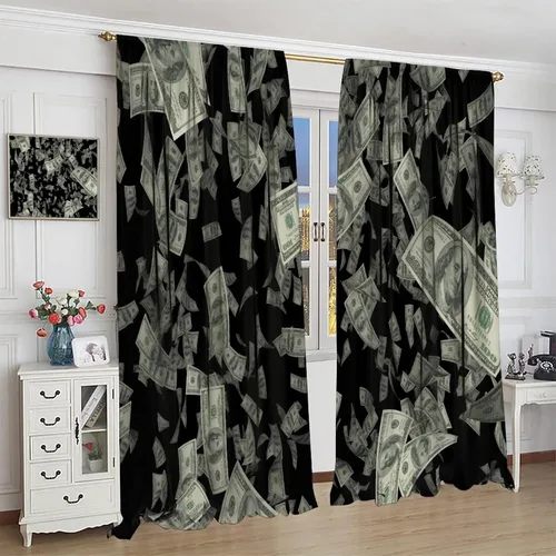 Vista 4 de Cortinas de dinero, divertidas decoraciones temáticas de billetes de 100 dólares, decoración temática de billetes de dólar, sala de estar, Dólar-1