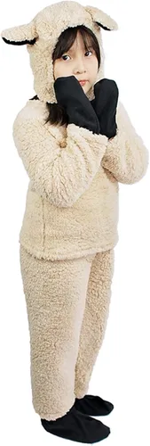 Vista 2 de Fayueye Disfraz de oveja de Halloween para niños y niñas, camiseta de manga larga, gorro, guante, calcetines, pantalón largo, disfraz de cordero