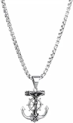 Vista 4 de JAJAFOOK Collar para Hombre de Acero Inoxidable Plata con Ancla Náutica y Cruz de Jesús