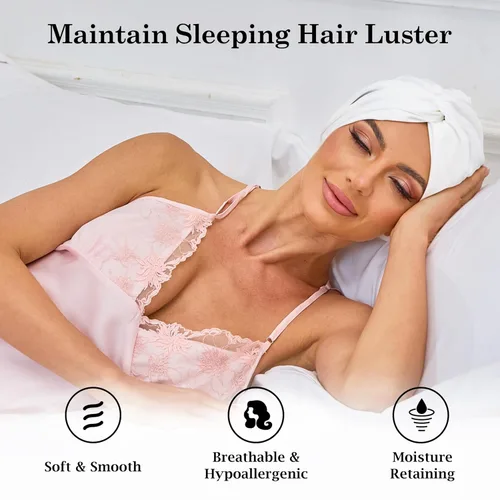 Vista 75 de Gorro de satén de seda ajustable para envolver el cabello para dormir, gorro de dormir de doble capa, turbante nocturno para cabello largo y rizado