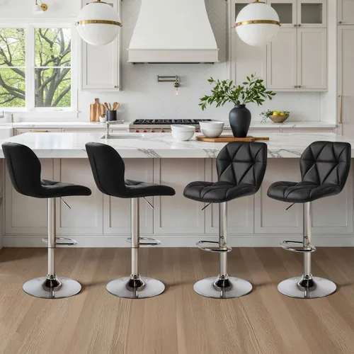 Vista 13 de Yaheetech Juego de 2 taburetes de bar, modernas sillas ajustables para isla de cocina, taburetes giratorios de piel sintética negra para bar, Negro