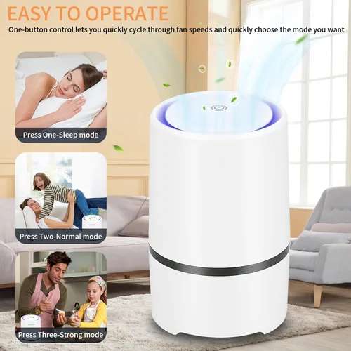Vista 4 de Purificador de aire pequeño portátil para dormitorio con filtro HEPA, purificadores de aire para el hogar de bajo ruido mejorados (blanco)